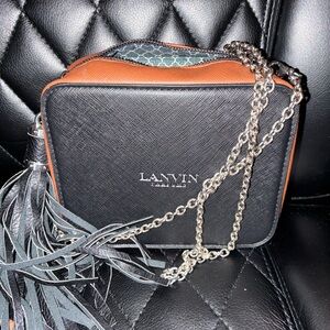 Lanvin Black and Brown Leather Crossbody with Fringe and Silver Chain